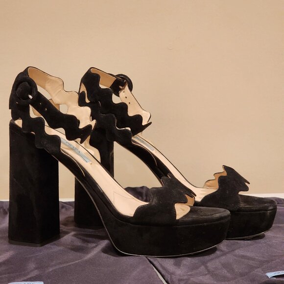 Prada Shoes - Excellent EU39 PRADA Platform Sandal Black Suede Scalloped